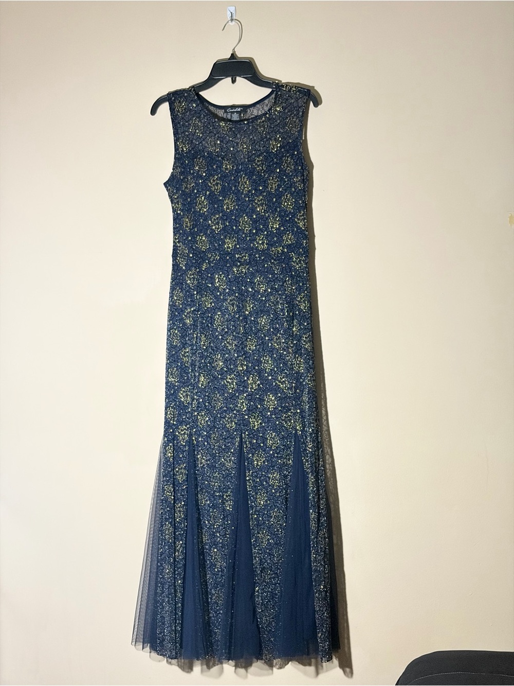 Candalite Size Medium Navy Blue Formal Maxi Dress With Gold Metallic Overlay